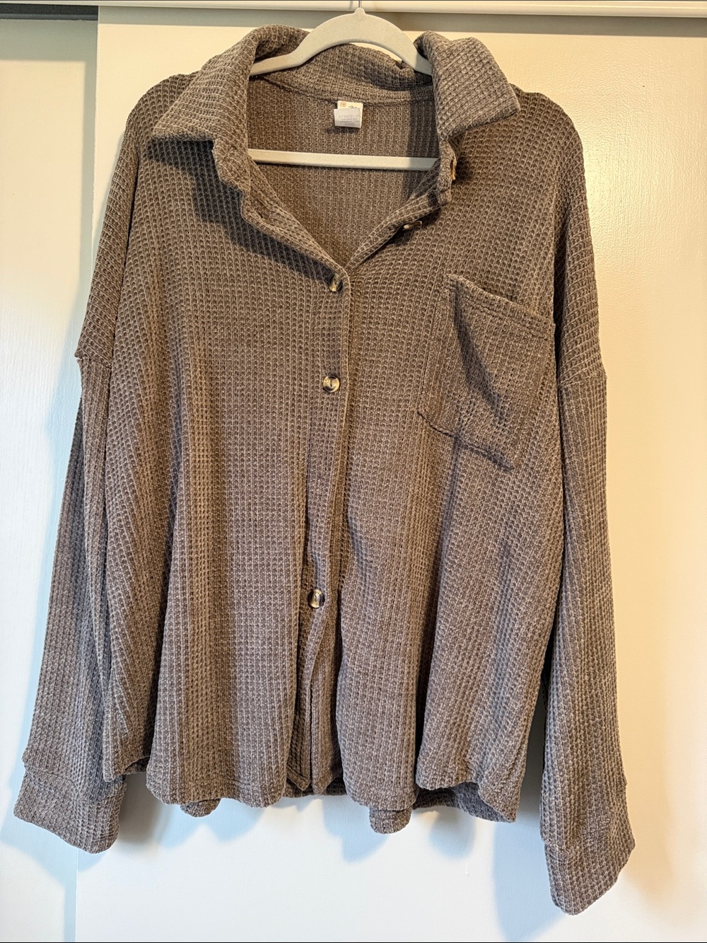 7th Ray Taupe Waffle-Knit Button-Up Shirt Jacket